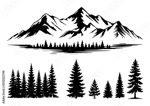 Black and white mountain landscape with pine trees silhouettes vector art