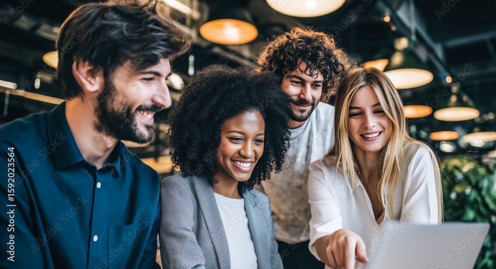 Fototapeta premium Diverse Business Team Collaborating In Office Environment Smiling And Engaging Around Open Laptop