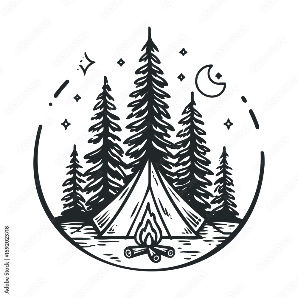 Fototapeta premium Night camping under stars with tent and campfire in forest