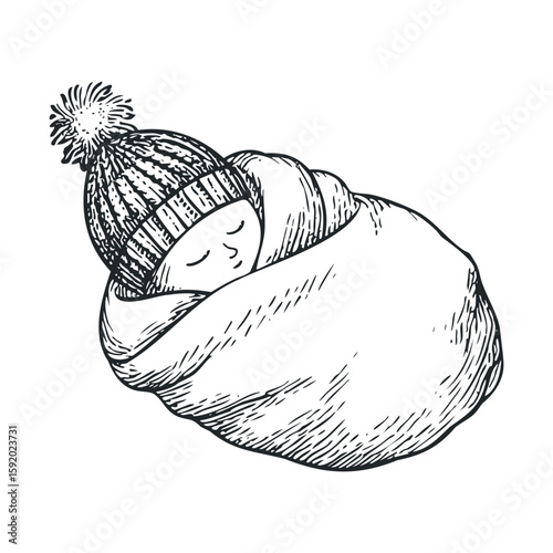 Cozy winter nap for a baby in warm blanket and knitted hat