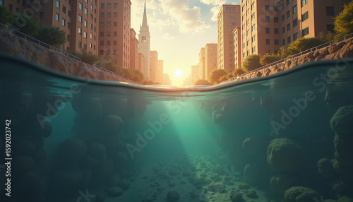 Underwater view of a submerged urban landscape during sunset with buildings and a church steeple above
