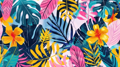 Colorful tropical leaves on a dark background. Digital artwork of tropical green leaves with vibrant colorful color background. Nature and botanical concept. Frame decorated with palm leaves. AIG53.