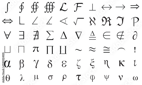 Mathematical and Scientific Symbols in a Vector Set for Academic and Educational Use, Greek Letters, Alphabets , Operators, algebra, Technical Symbols in a Vector form, versatile set
