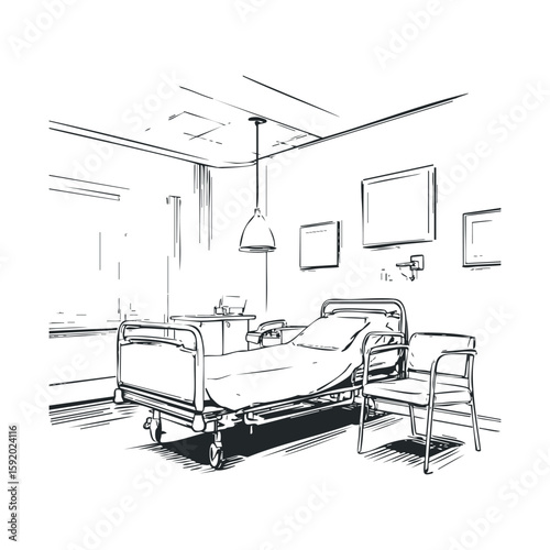 Hospital room with an empty bed and chair arrangement for recovery