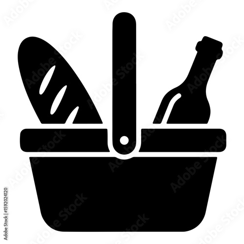 Picnic basket icon filled with bread and wine