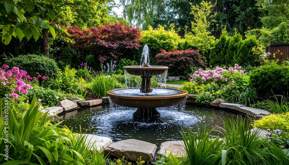 Fototapeta premium Lush garden with fountain