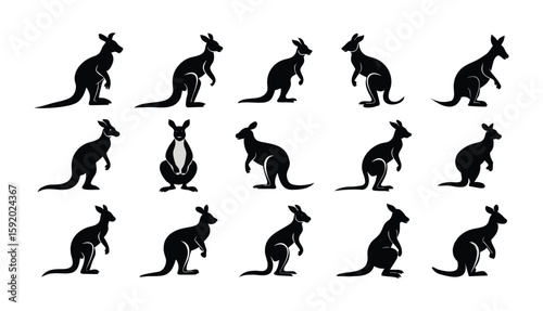 Collection of Black Kangaroo Silhouettes in Various Leaping, Standing, and Crouching Poses Representing Australian Wildlife.