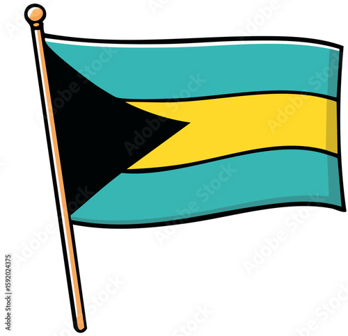 Bahamian Flag Illustration: A vibrant illustration of the Bahamian flag, featuring three horizontal bands of aquamarine, gold, and black, with a black triangle pointing towards the hoist.