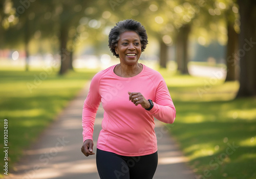 Older Black woman jogging in park