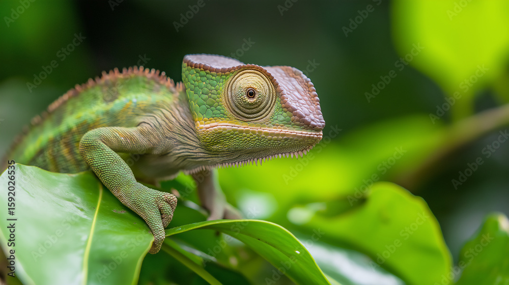 Obraz premium Chameleon reptile with colorful scales in jungle habitat, showcasing nature's vibrant wildlife