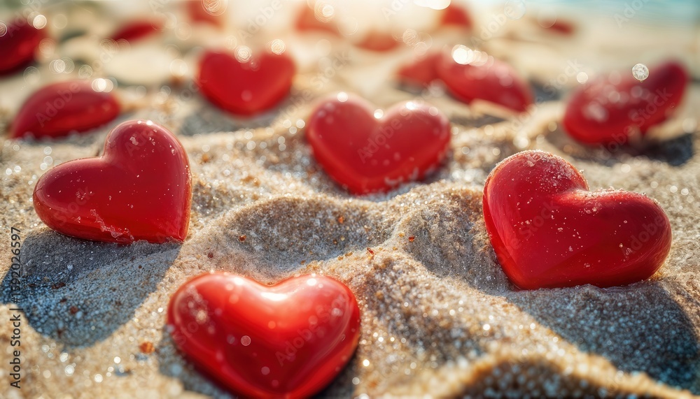 Fototapeta premium red heart-shaped candies scattered across a sandy beach with a blurred ocean backdrop create a romantic and whimsical scene.