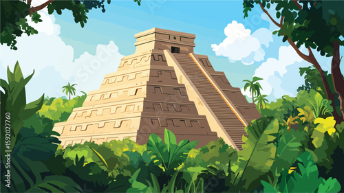 Majestic Aztec Pyramid Surrounded by Lush Jungle - Ancient Civilization Concept