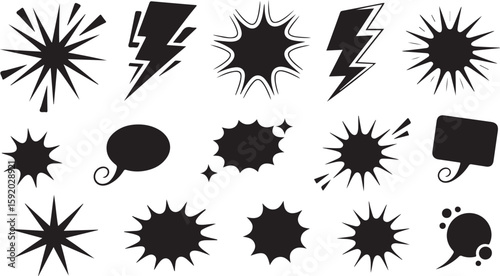 Black and white comic book explosion and speech bubble elements