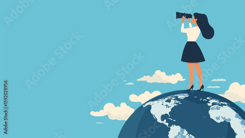 Successful Businesswoman with Binoculars on Top of the World Surveying Opportunities