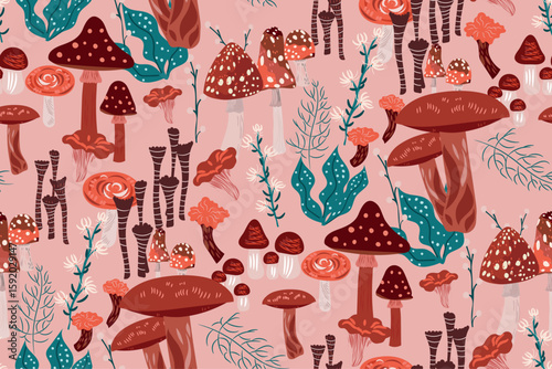 Seamless pattern with forest mushrooms, fly agaric, flowers, and berries on a trendy pink background. Fresh hand drawn  botanical print. Mysterious forest aesthetics collection, original design.
