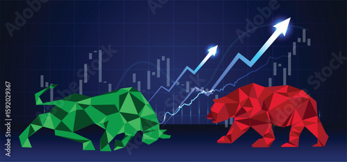 Share Market graph up with bull and bear vector poster