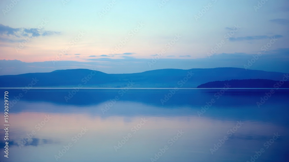 Fototapeta premium Tranquil body of water under a soft pastel sky, deep blue mirror-like surface reflecting gradient hues from pink to light blue, distant dark blue hills, wispy clouds, small green landmass.