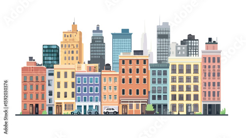 Stunning Urban Landscape View of City Buildings and Street in Simple Style