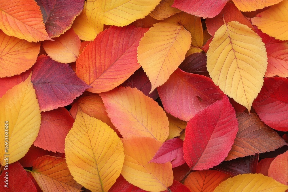 Obraz premium A vibrant collection of autumn leaves in red, orange, and yellow hues. This colorful display captures the beauty of the fall season and nature's transitions.