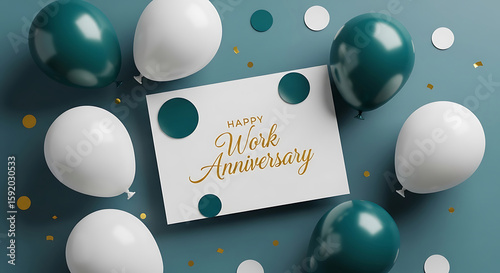 Work anniversary celebration with balloons and festive confetti on a teal background