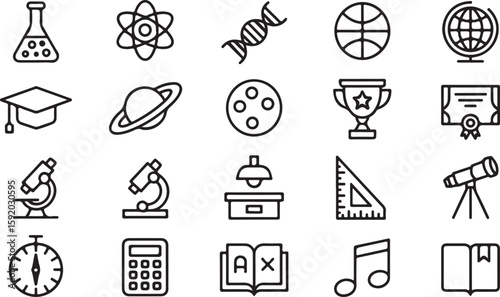 Black and white line art icons for education and science 1