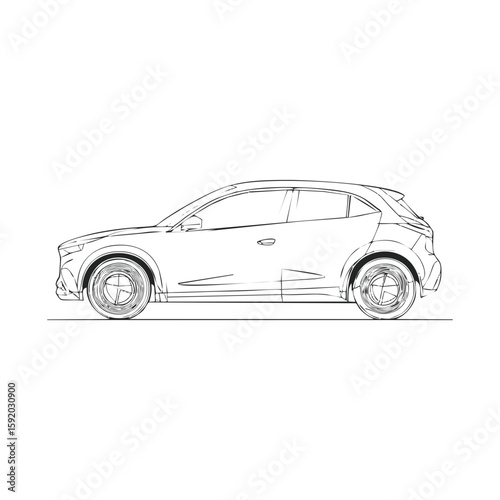 Side view of modern compact SUV in black contour sketch style, urban electric vehicle design for car rental apps, mobility tech platforms and automotive branding on transparent background.