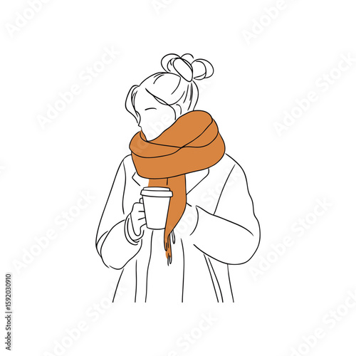 Young woman with top bun holding coffee cup in warm scarf, cozy autumn style illustration for seasonal blogs, fashion posts and hygge lifestyle visuals on transparent background.