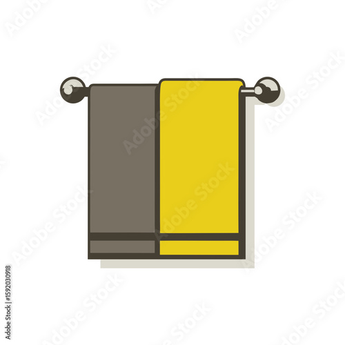Simple towel set in brown and yellow flat vector style, bathroom textile illustration for hotel websites, cleaning product icons or home design materials on transparent background.