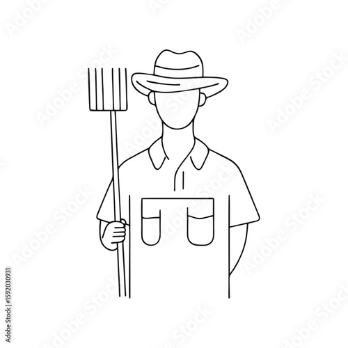 Farmer in hat holding pitchfork front view, simple line art character illustration for agricultural content, farming websites and organic food branding on transparent background.