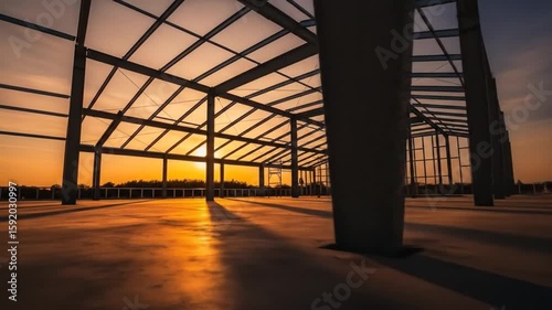 Empty metal building under construction at sunset steel framework construction building architectures structure empty construction site sunset sunrise daylight commercial editorial photo