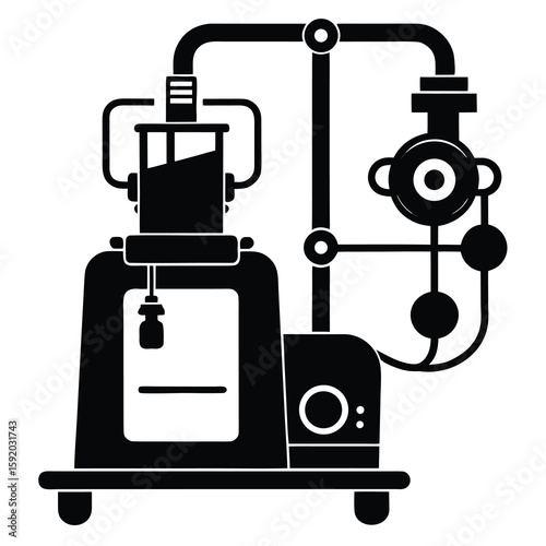 Intricate Industrial Machine Design Vintage Aesthetic Vector Illustration of a Complex Apparatus with Pipes and Valves Depicting Technological Advancement and Scientific Innovation