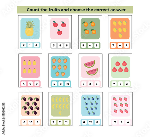 Worksheet for preschool kids,Educational worksheet with fruits for kids.Learning fruit counting page for children.Elementary math,preschool game