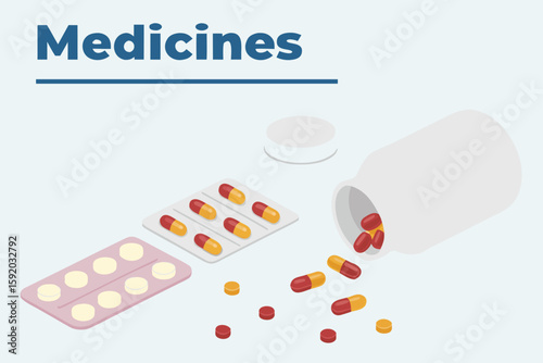 Assorted Medicines Capsules and Tablets in Blister Packs with an Open Pill Bottle, Representing Healthcare and Treatment