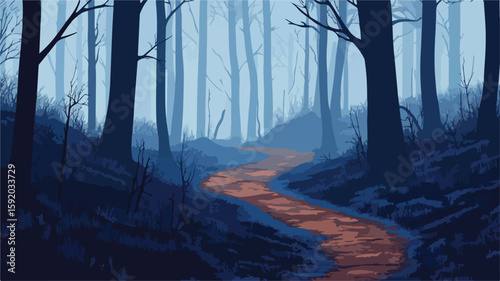 Enchanting Foggy Forest Path Scene: Mysterious Wood Captured in Picture