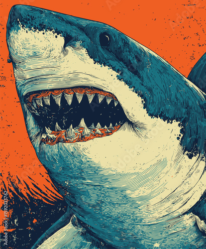 Stylized Shark Attack Art on Orange Background
