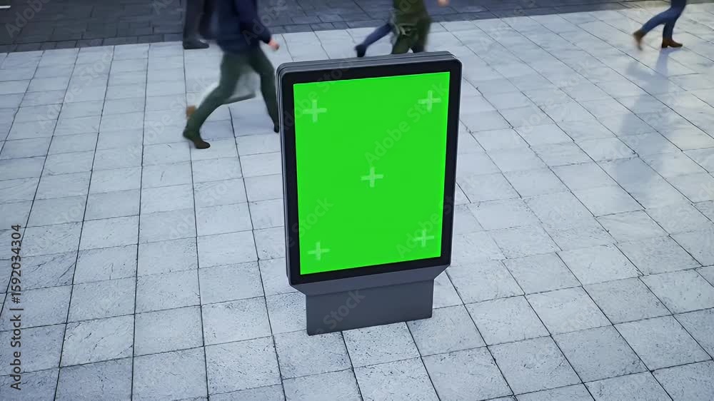 Urban Digital Billboard with Green Screen Display Mockup on City Sidewalk, Perfect for Advertising and Public Information in a Busy Street Environment