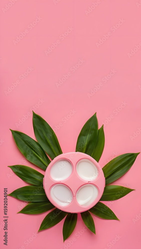 Pink Eyeshadow Palette Surrounded by Lush Green Leaves on Pink Background Pink Eyeshadow Palette Surrounded by Lush Green Leaves on Pink Background