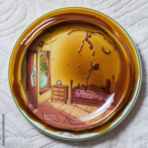 Artistic coffee photography with a surreal reflection inside a cup, showing a cozy room interior. Creative concept art for cafés, restaurants, lifestyle blogs, or surreal design projects.