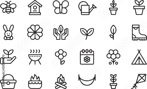 Black and white line art icons of spring and outdoor activities