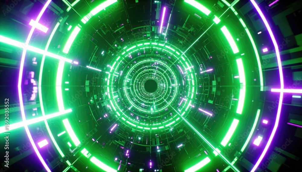 Fototapeta premium Futuristic tunnel with glowing neon rings