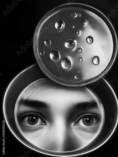 Black-and-white surreal portrait with water drops magnifying the eye. Artistic and conceptual photo, ideal for posters, fashion editorials, or modern wall decor.