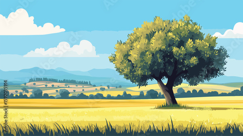 Simplistic Rural Scenery Landscape with Olive Tree in Field