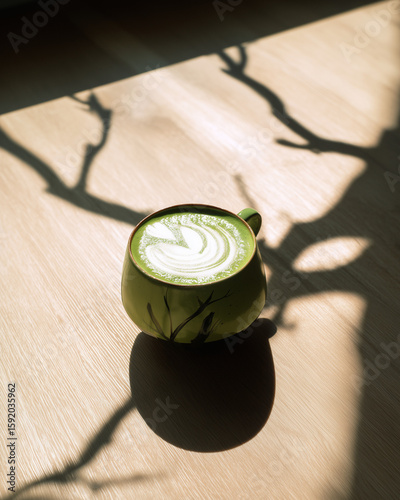 Ceramic bowl with matcha tea in sunlight casting strong shadows – serene and artistic food image ideal for mindfulness, tea culture, or natural lifestyle visuals.