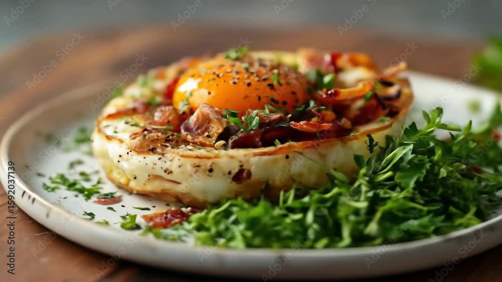 Baked egg with bacon and greens on a plate Baked egg with bacon and greens on a plate