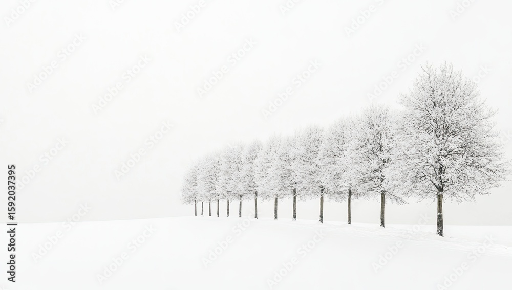 Fototapeta premium A snowy landscape with a row of frosted trees