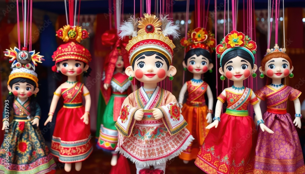 Fototapeta premium Festival-themed puppet toys showing traditional dance costumes, colorful fabrics, hanging against a festive backdrop 2