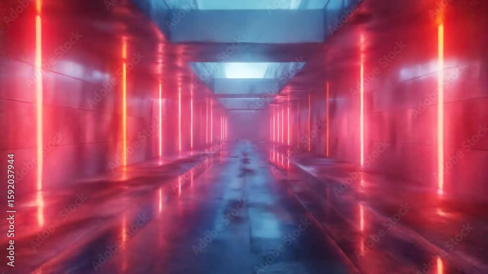 Futuristic corridor with red neon lights and wet floor