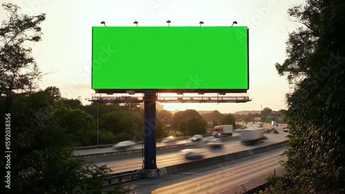 Large Green Screen Billboard Above Busy Highway with Motion Blur Traffic at Dusk, Ready for Advertising Mockup and Digital Compositing