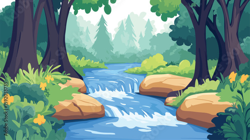 Serene River Flowing Through Lush Green Forest - Nature Landscape Scene