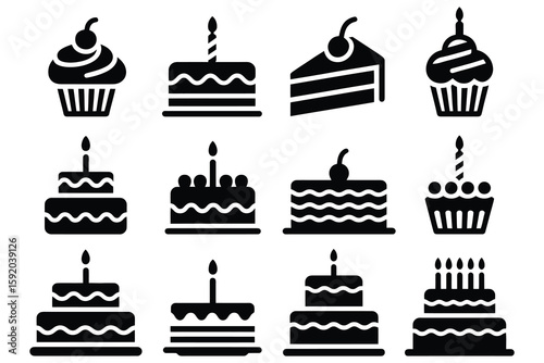 Birthday cakes and cupcakes icons cake slice candle